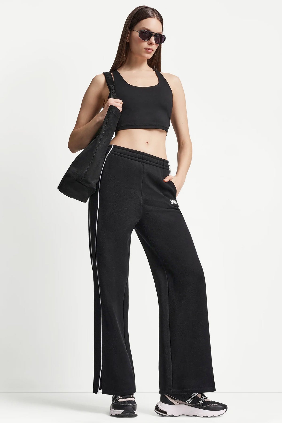 HIGH-RISE PIPED TRACK PANTS Black/White | DKNY