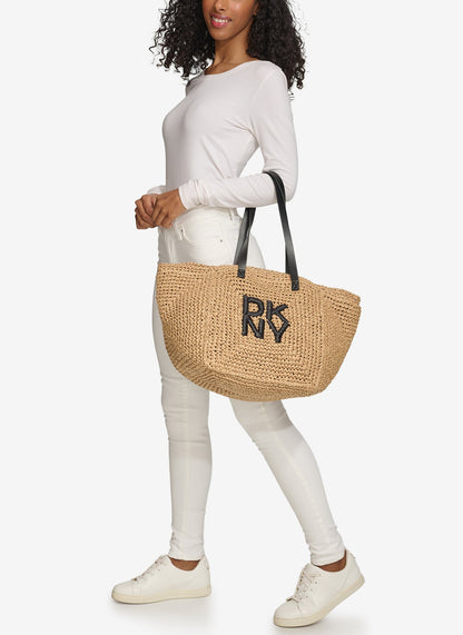 PALOMA CROCHET STRAW LOGO TOTE Natural/Black | DKNY