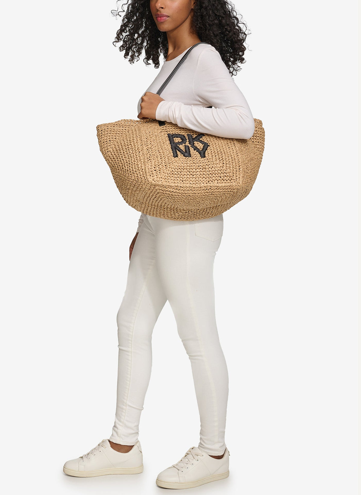 PALOMA CROCHET STRAW LOGO TOTE Natural/Black | DKNY