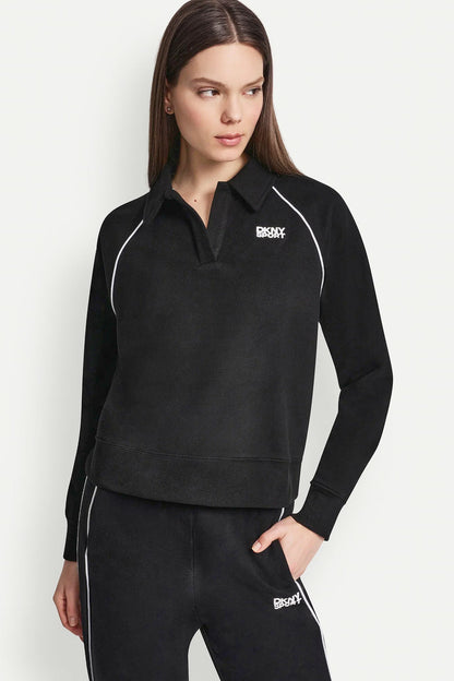 PIPED LOGO POLO SWEATSHIRT Black/White | DKNY