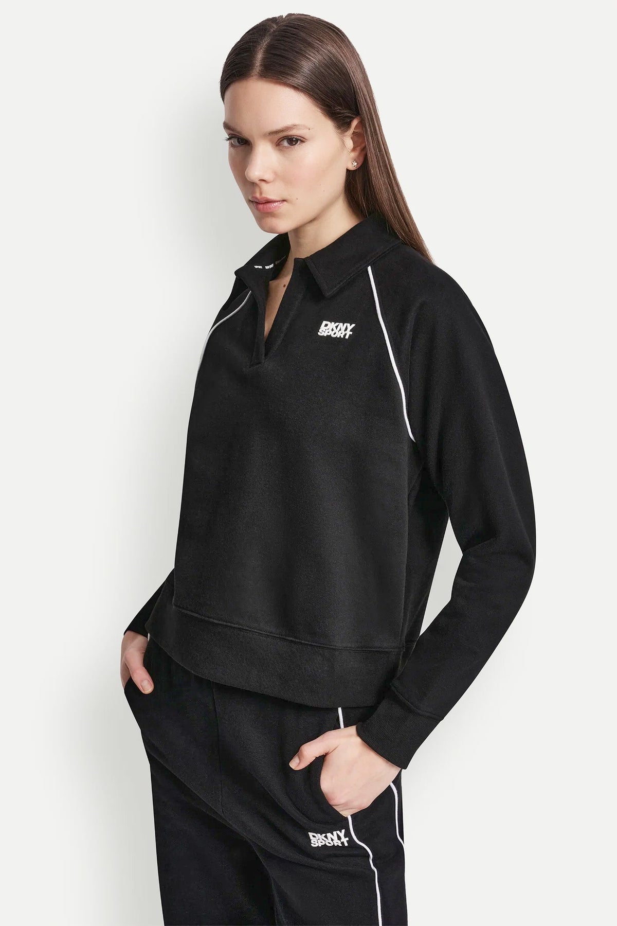 PIPED LOGO POLO SWEATSHIRT Black/White | DKNY