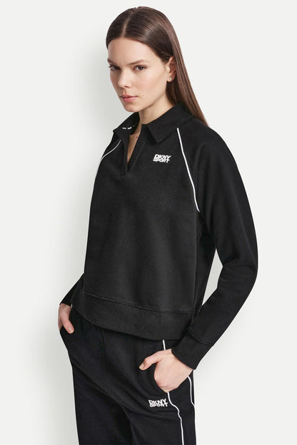 PIPED LOGO POLO SWEATSHIRT Black/White | DKNY
