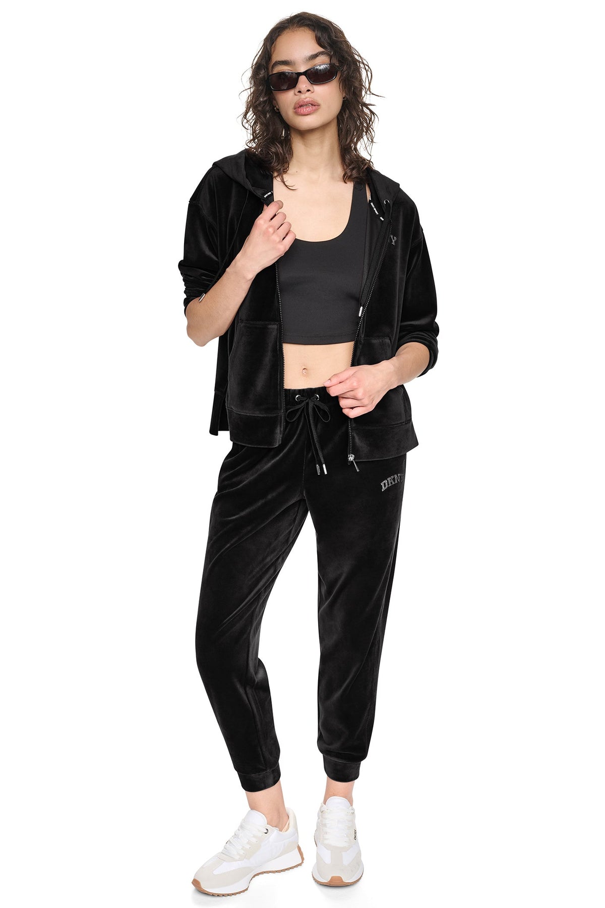VARSITY VELOUR RHINESTONE LOGO FULL ZIP HOODIE Espresso | DKNY
