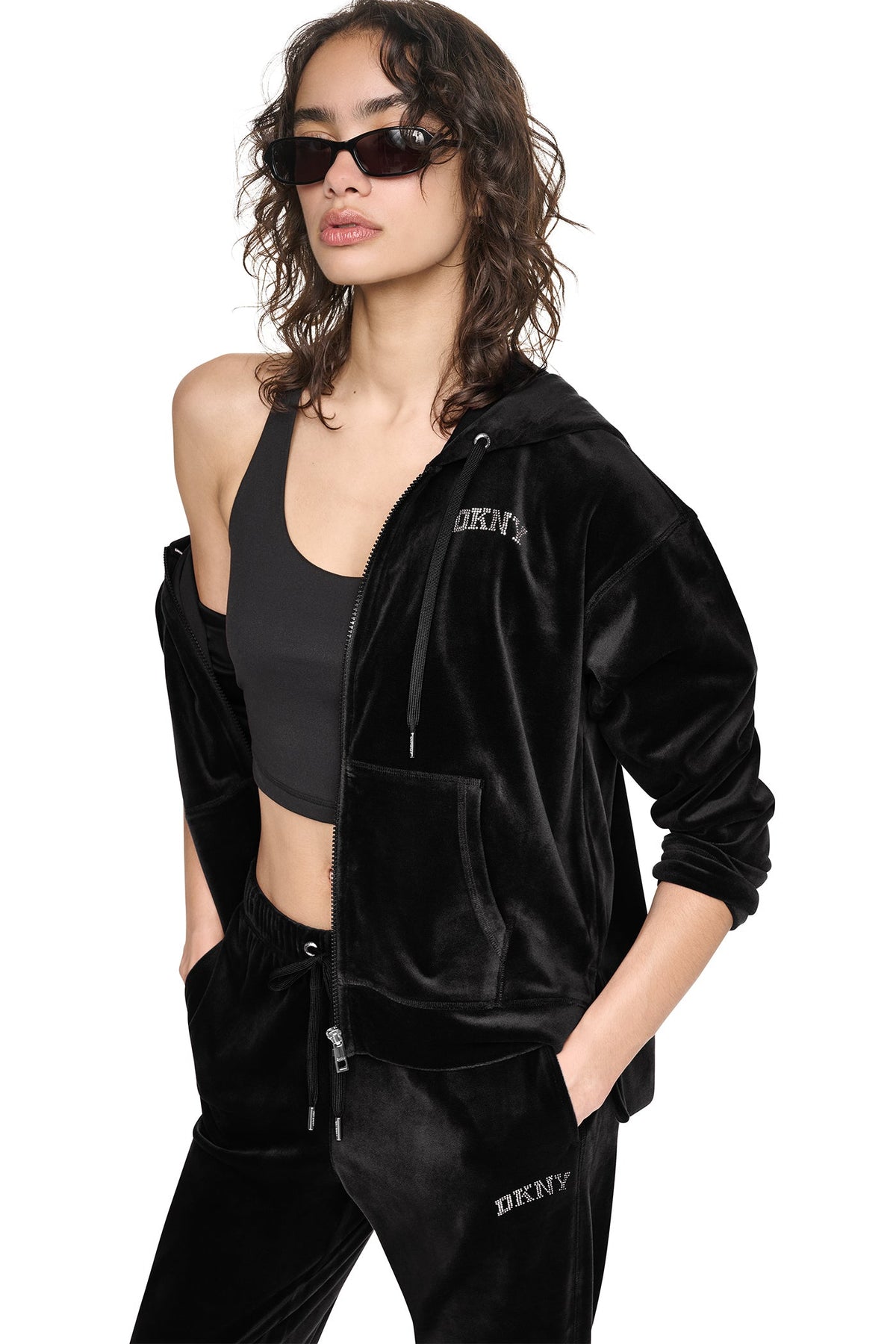 VARSITY VELOUR RHINESTONE LOGO FULL ZIP HOODIE Espresso | DKNY
