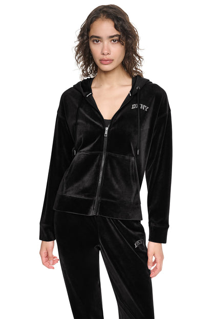 VARSITY VELOUR RHINESTONE LOGO FULL ZIP HOODIE Espresso | DKNY