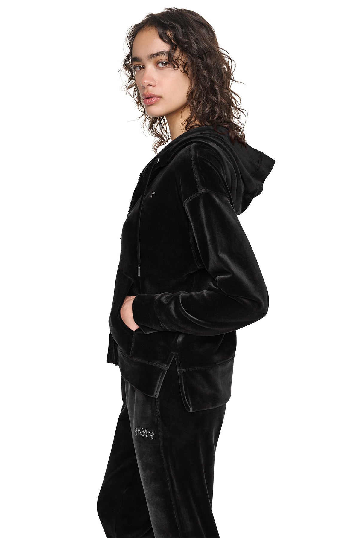 VARSITY VELOUR RHINESTONE LOGO FULL ZIP HOODIE Espresso | DKNY