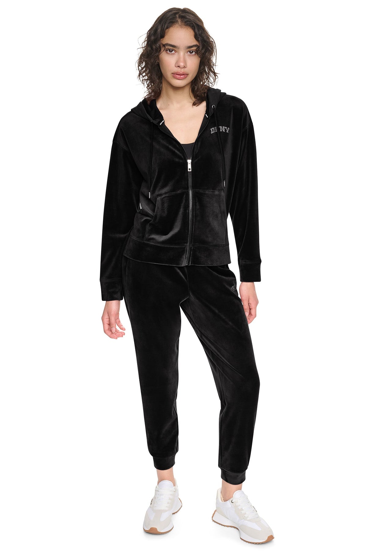 VARSITY VELOUR RHINESTONE LOGO FULL ZIP HOODIE Espresso | DKNY