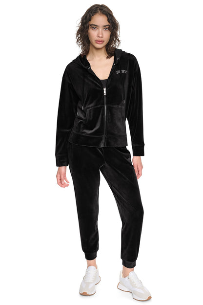 VARSITY VELOUR RHINESTONE LOGO FULL ZIP HOODIE Espresso | DKNY