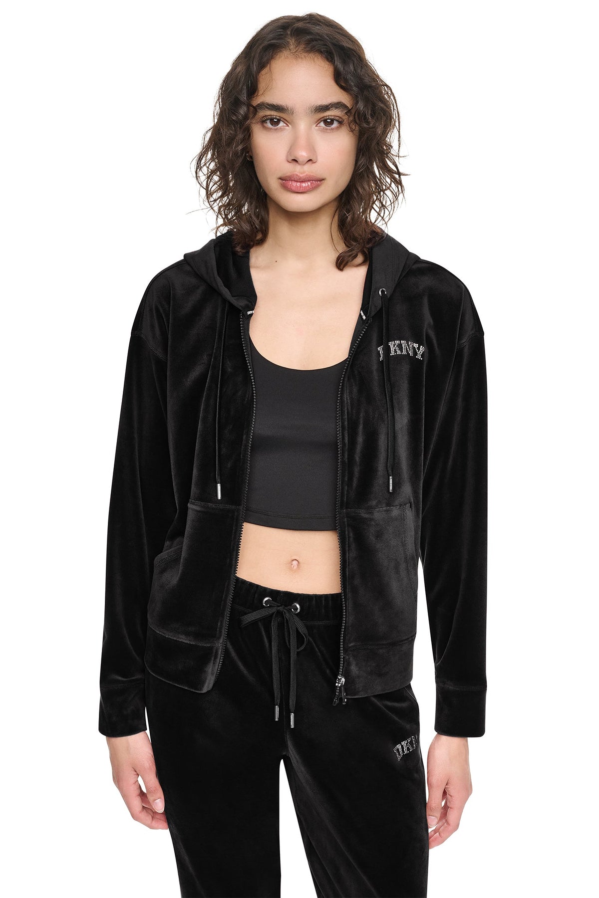 VARSITY VELOUR RHINESTONE LOGO FULL ZIP HOODIE Espresso | DKNY
