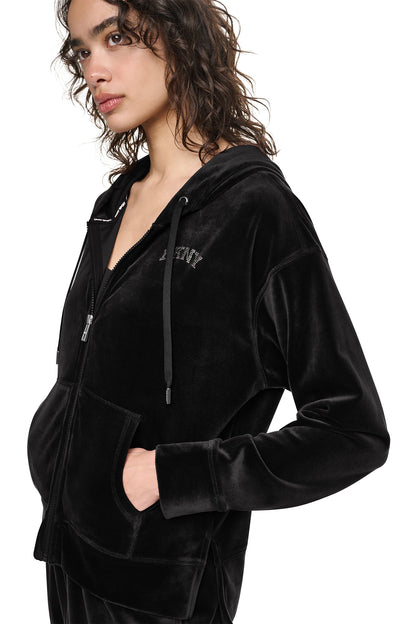 VARSITY VELOUR RHINESTONE LOGO FULL ZIP HOODIE Espresso | DKNY