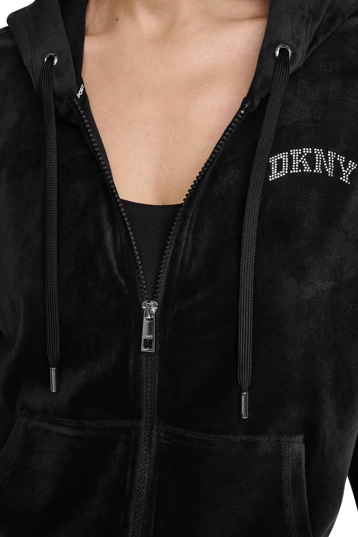 VARSITY VELOUR RHINESTONE LOGO FULL ZIP HOODIE Espresso | DKNY