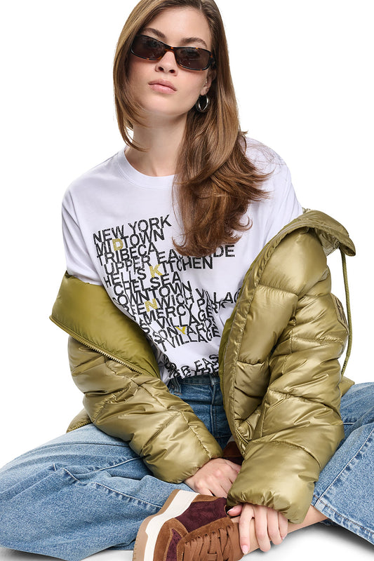 RHINESTONE NEIGHBORHOOD TEE Black/Eggnog Clear | DKNY