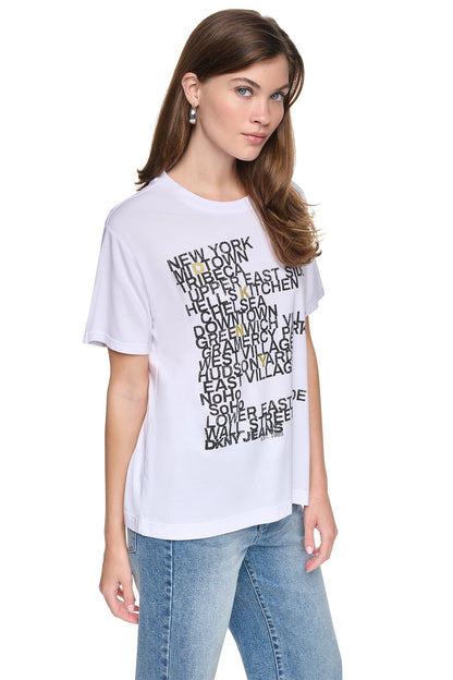 RHINESTONE NEIGHBORHOOD TEE Black/Eggnog Clear | DKNY