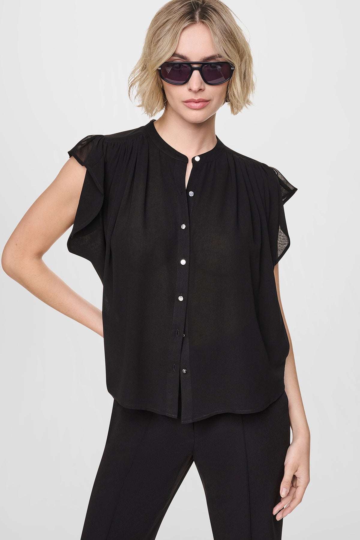 CHIFFON FLUTTER SLEEVE BLOUSE Black | DKNY