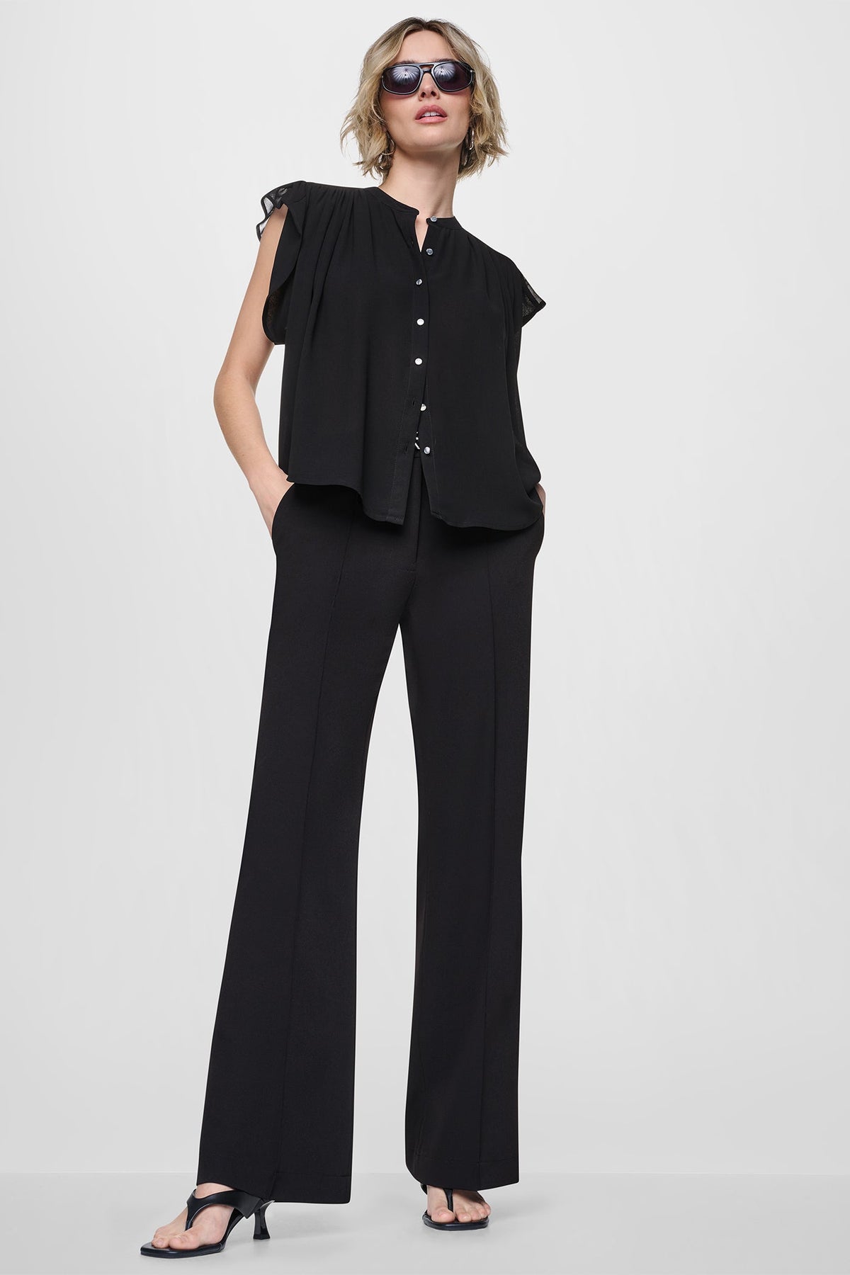 CHIFFON FLUTTER SLEEVE BLOUSE Black | DKNY