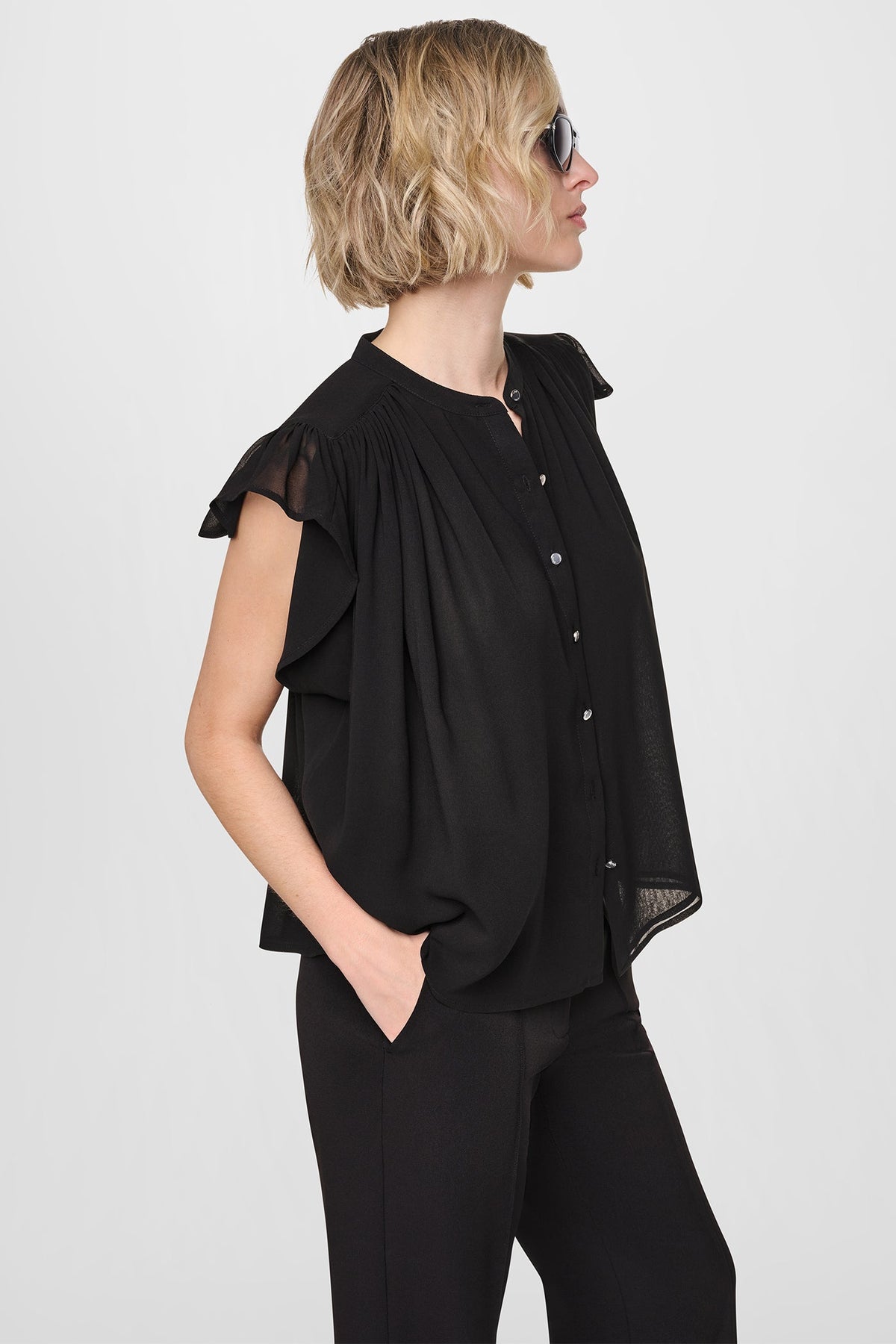 CHIFFON FLUTTER SLEEVE BLOUSE Black | DKNY