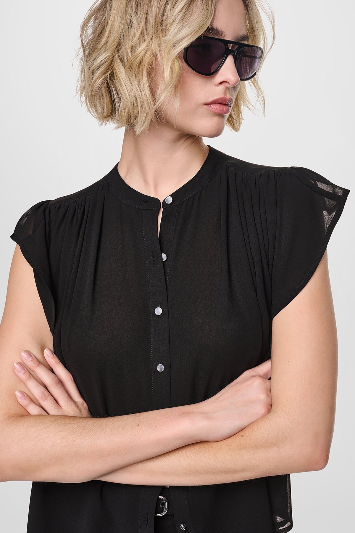 CHIFFON FLUTTER SLEEVE BLOUSE Black | DKNY