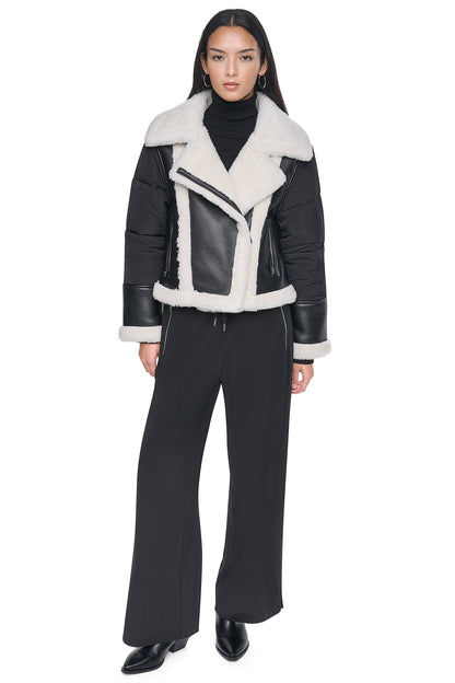 PUFF SLEEVE FAUX SHEARLING JACKET Black/Ivory | DKNY