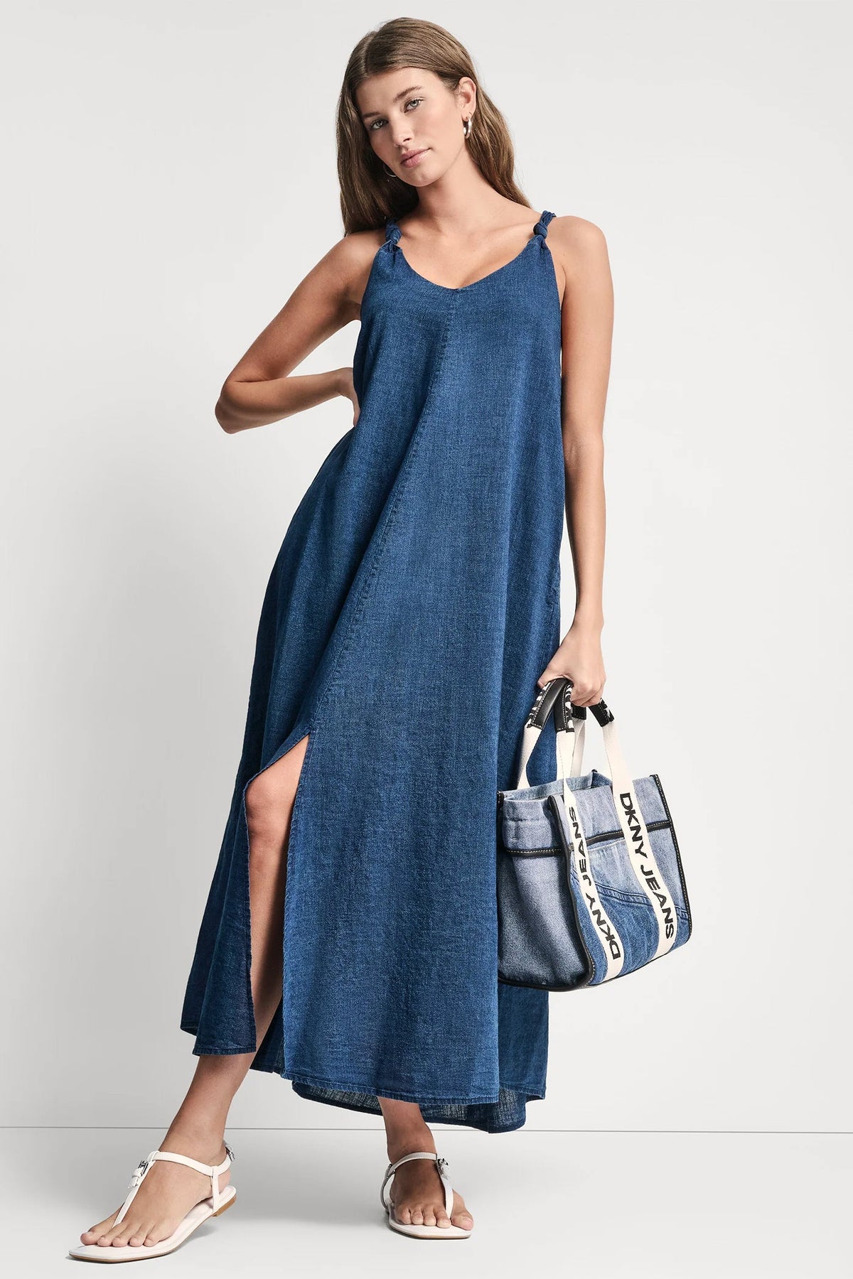 KNOTTED STRAP V-NECK MAXI DRESS Indigo | DKNY