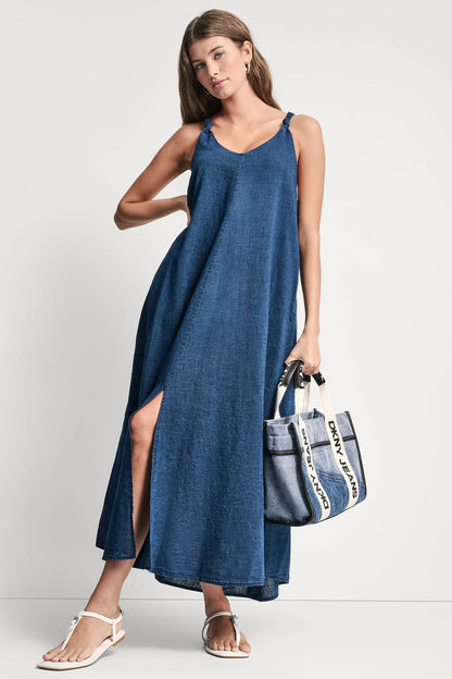 KNOTTED STRAP V-NECK MAXI DRESS Indigo | DKNY