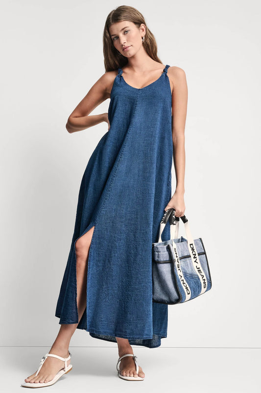 KNOTTED STRAP V-NECK MAXI DRESS Indigo | DKNY