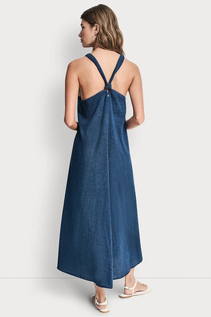 KNOTTED STRAP V-NECK MAXI DRESS Indigo | DKNY