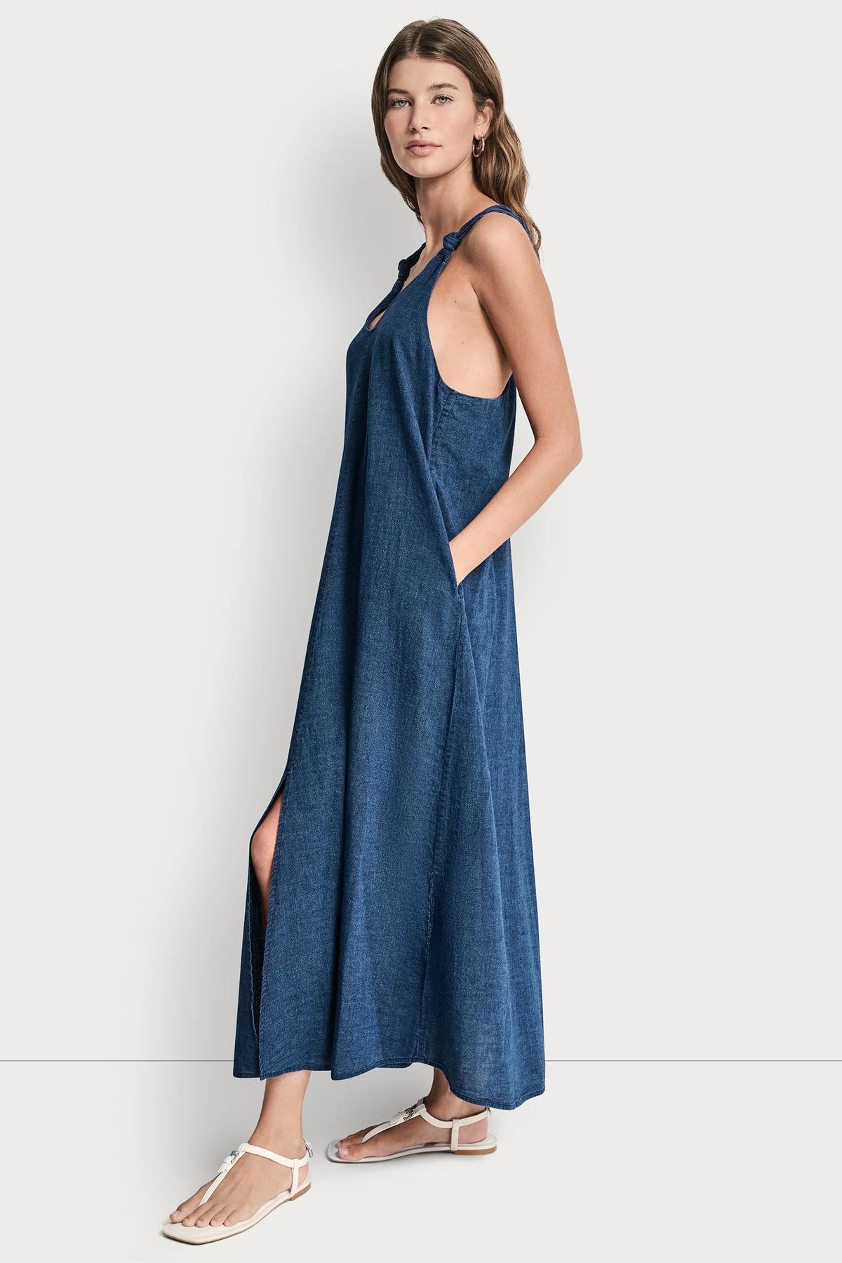 KNOTTED STRAP V-NECK MAXI DRESS Indigo | DKNY