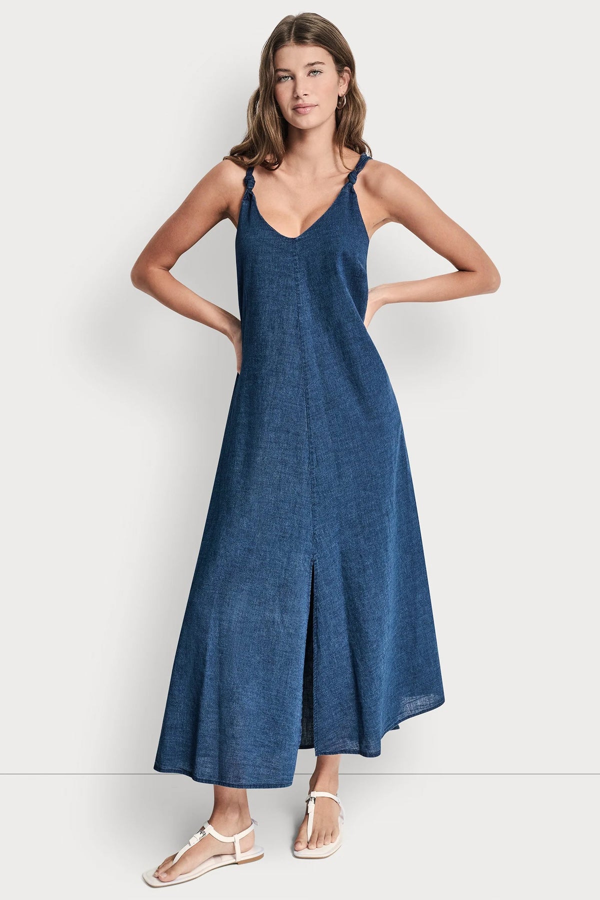 KNOTTED STRAP V-NECK MAXI DRESS Indigo | DKNY
