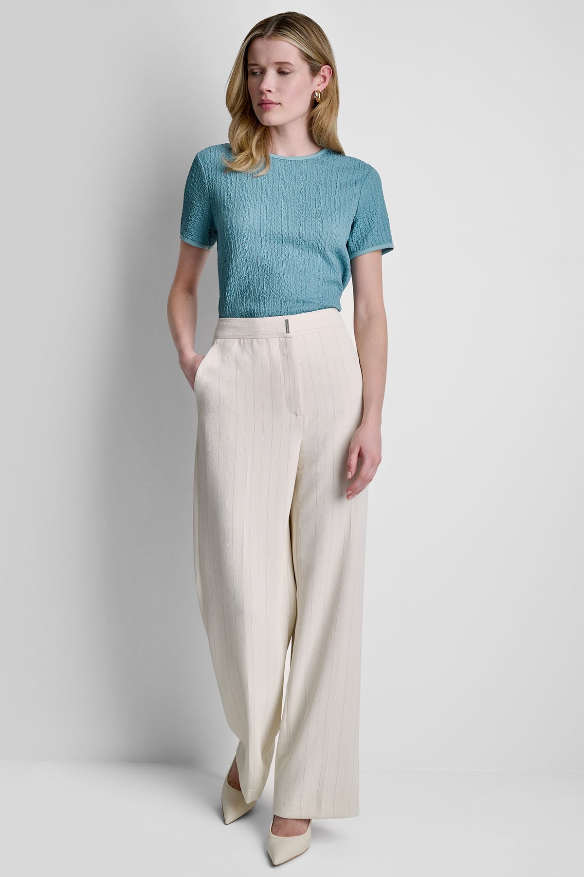 MID-RISE PINSTRIPE PANT Coconut/Cameo Blue Stripe | DKNY
