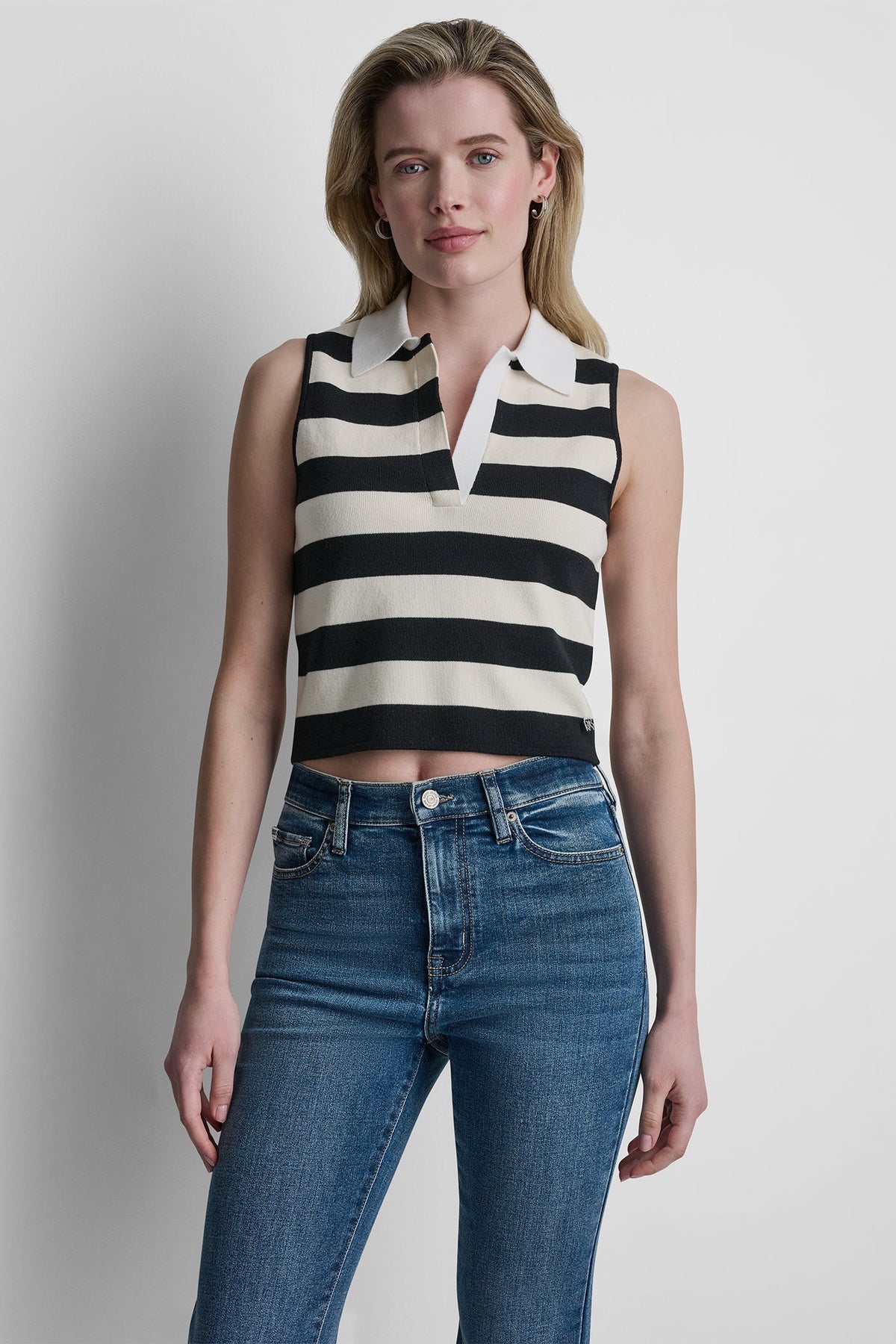 STRIPED SLEVELESS POLO SWEATER Black/Eggnog/White | DKNY