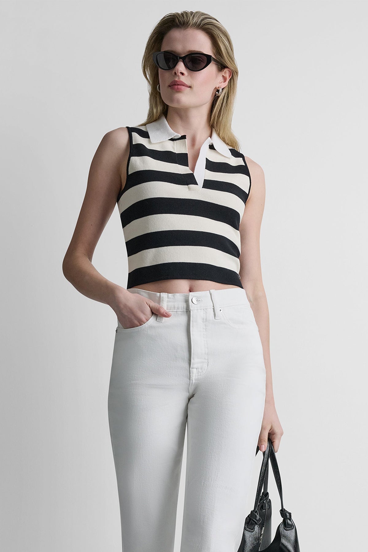 STRIPED SLEVELESS POLO SWEATER Travertine/Punch/White | DKNY