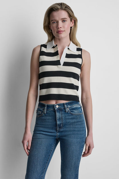 STRIPED SLEVELESS POLO SWEATER Travertine/Punch/White | DKNY