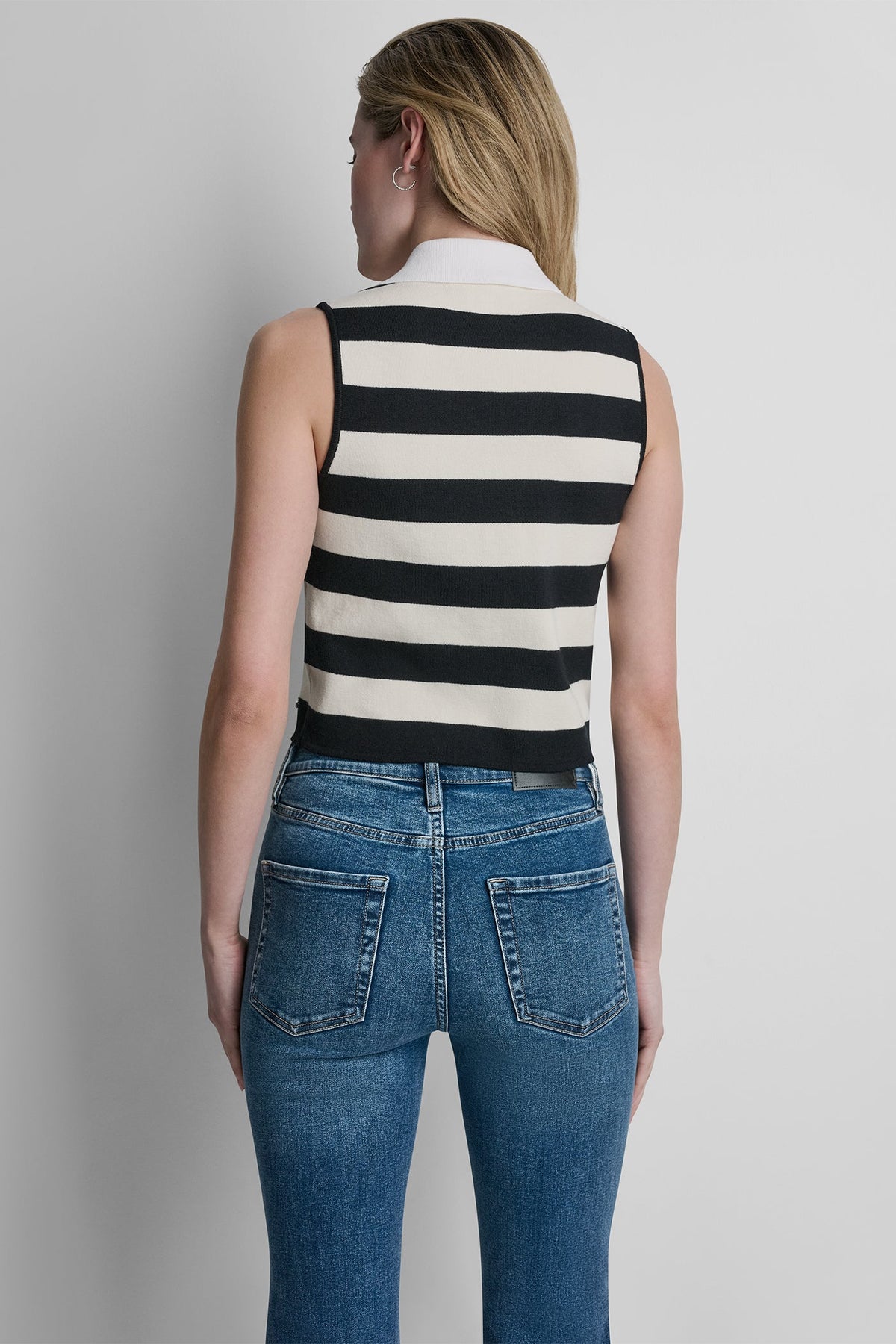 STRIPED SLEVELESS POLO SWEATER Travertine/Punch/White | DKNY