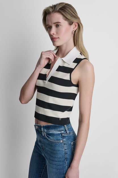 STRIPED SLEVELESS POLO SWEATER Travertine/Punch/White | DKNY
