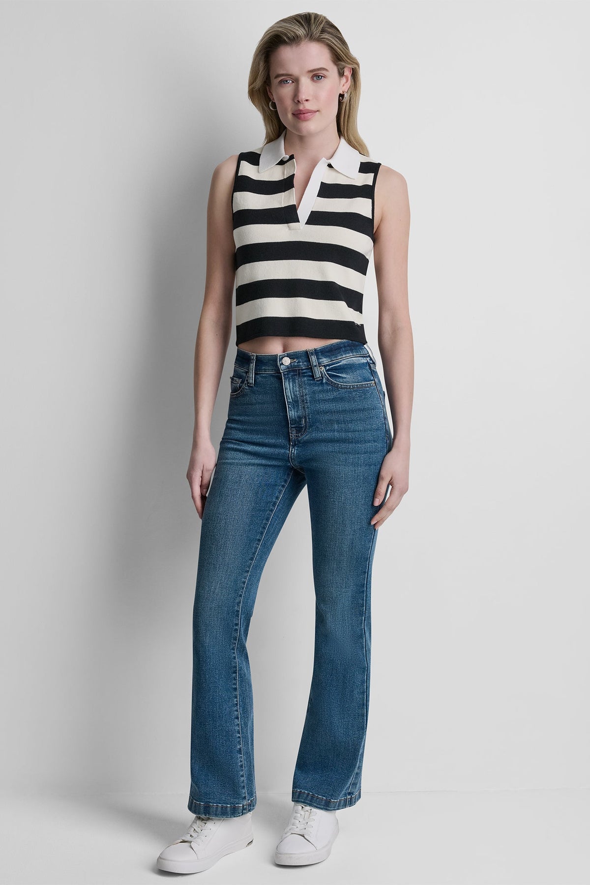 STRIPED SLEVELESS POLO SWEATER Travertine/Punch/White | DKNY