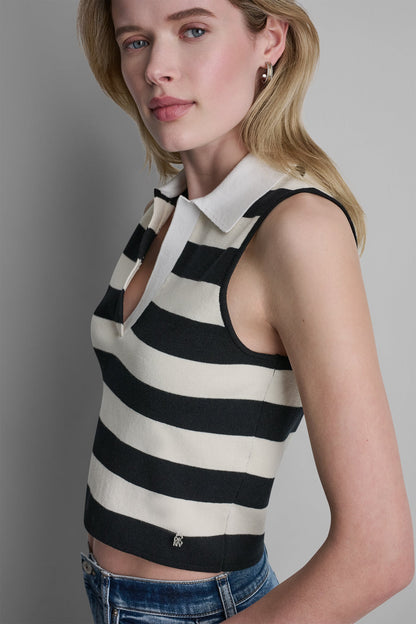 STRIPED SLEVELESS POLO SWEATER Travertine/Punch/White | DKNY