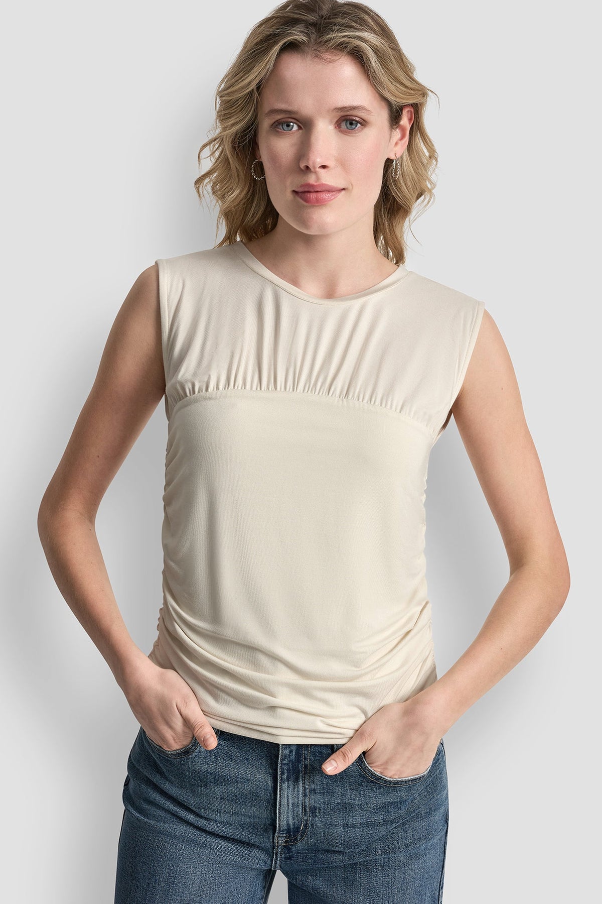 RUCHED BODICE SLEEVELESS TOP Eggnog | DKNY