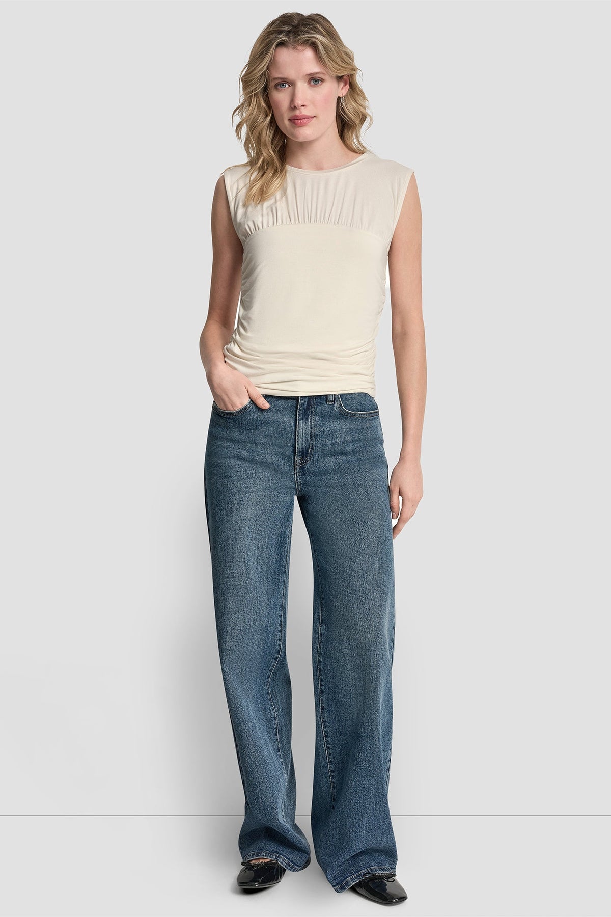 RUCHED BODICE SLEEVELESS TOP Eggnog | DKNY