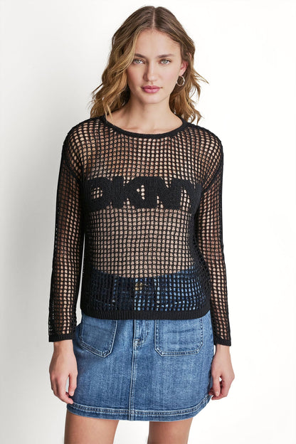 CROCHET OPEN-STITCH LOGO SWEATER Black | DKNY