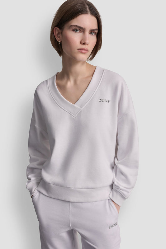 METALLIC BUBBLE LOGO V-NECK PULLOVER White | DKNY