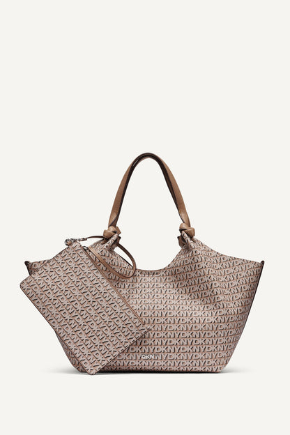 PAULA NEW YORK LOGO MEDIUM COMMUTER TOTE Black/Saddle | DKNY