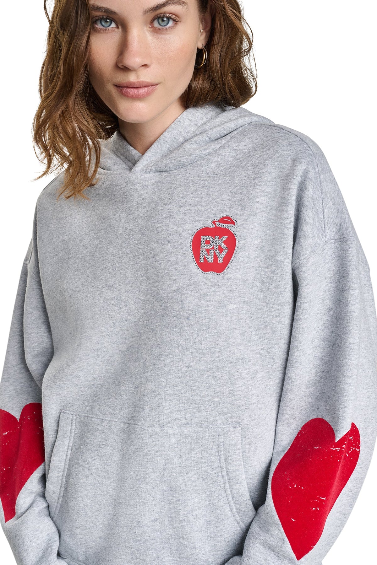 OVERSIZED BIG APPLE LOGO HOODIE Pearl Grey Heather/Clear Ruby | DKNY