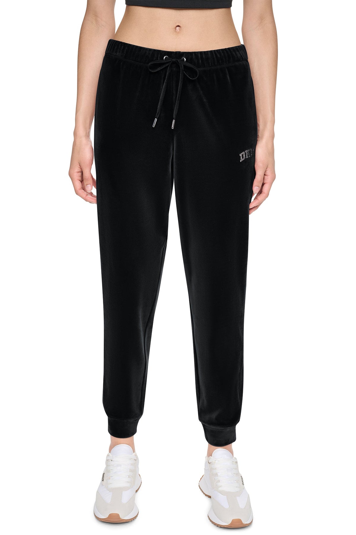 VARSITY VELOUR RHINESTONE LOGO MID-RISE JOGGER Black | DKNY