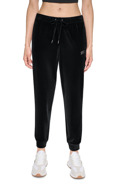 VARSITY VELOUR RHINESTONE LOGO MID-RISE JOGGER Black | DKNY