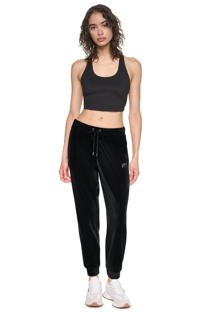 VARSITY VELOUR RHINESTONE LOGO MID-RISE JOGGER Black | DKNY