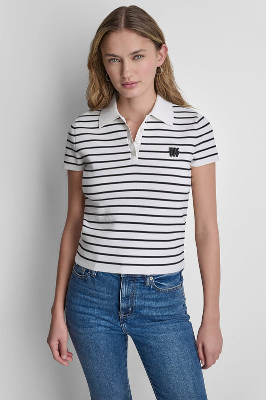 CROPPED STRIPED POLO SWEATER Ivory/Black | DKNY