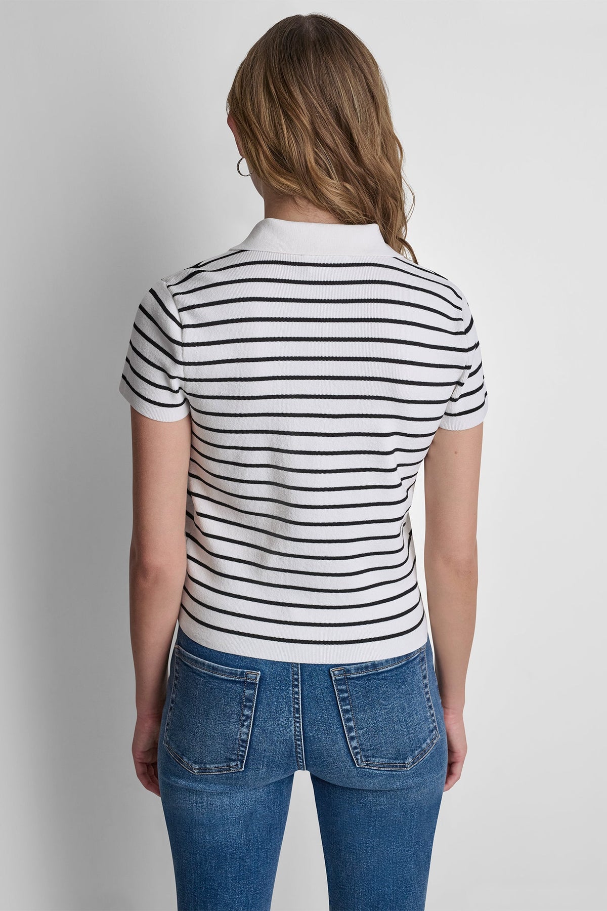 CROPPED STRIPED POLO SWEATER Ivory/Black | DKNY