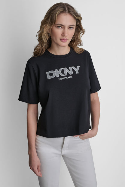 CRYSTAL BORDER LOGO GRAPHIC TEE Black | DKNY