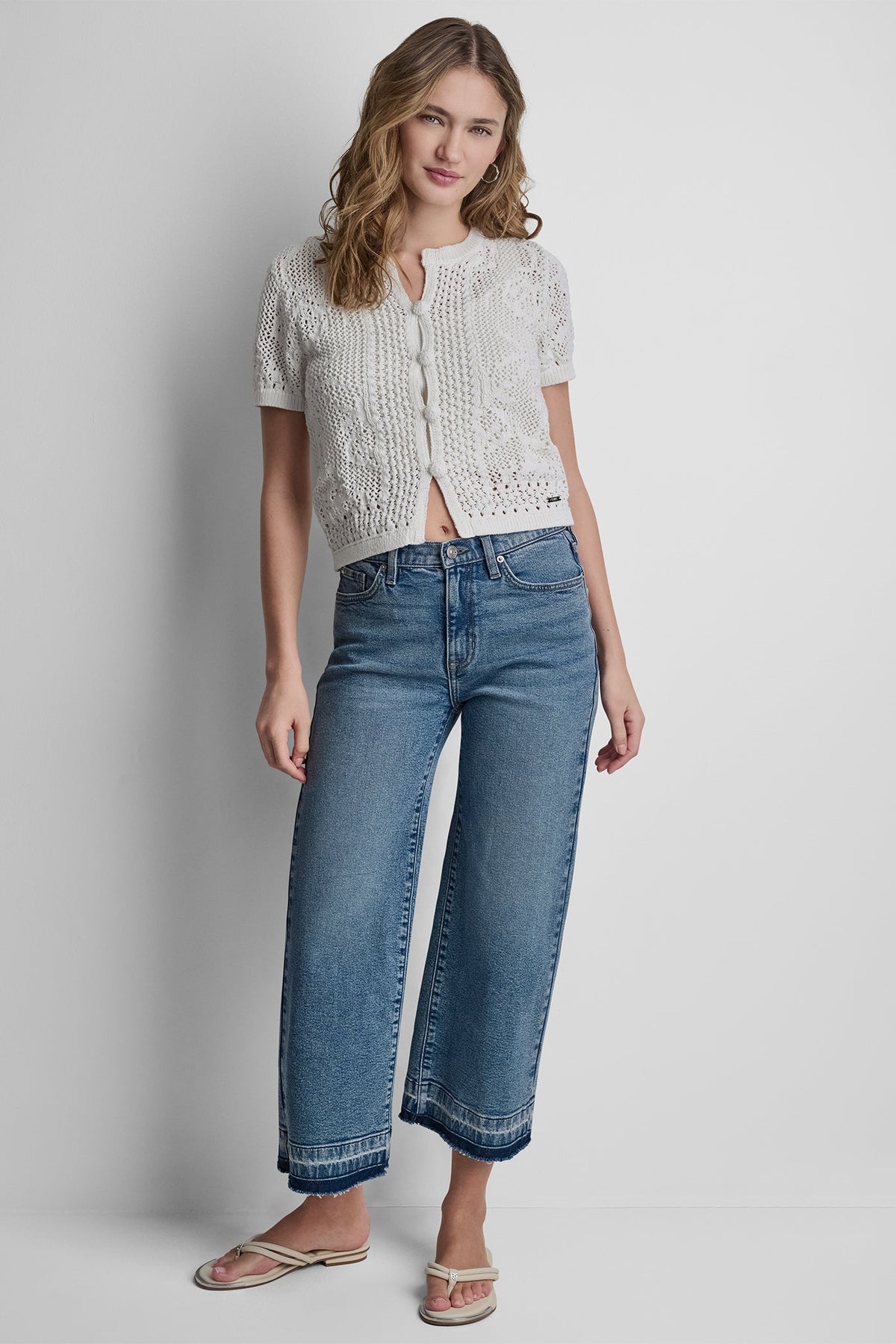 LACE STITCH BUTTON FRONT CARDIGAN Ivory | DKNY