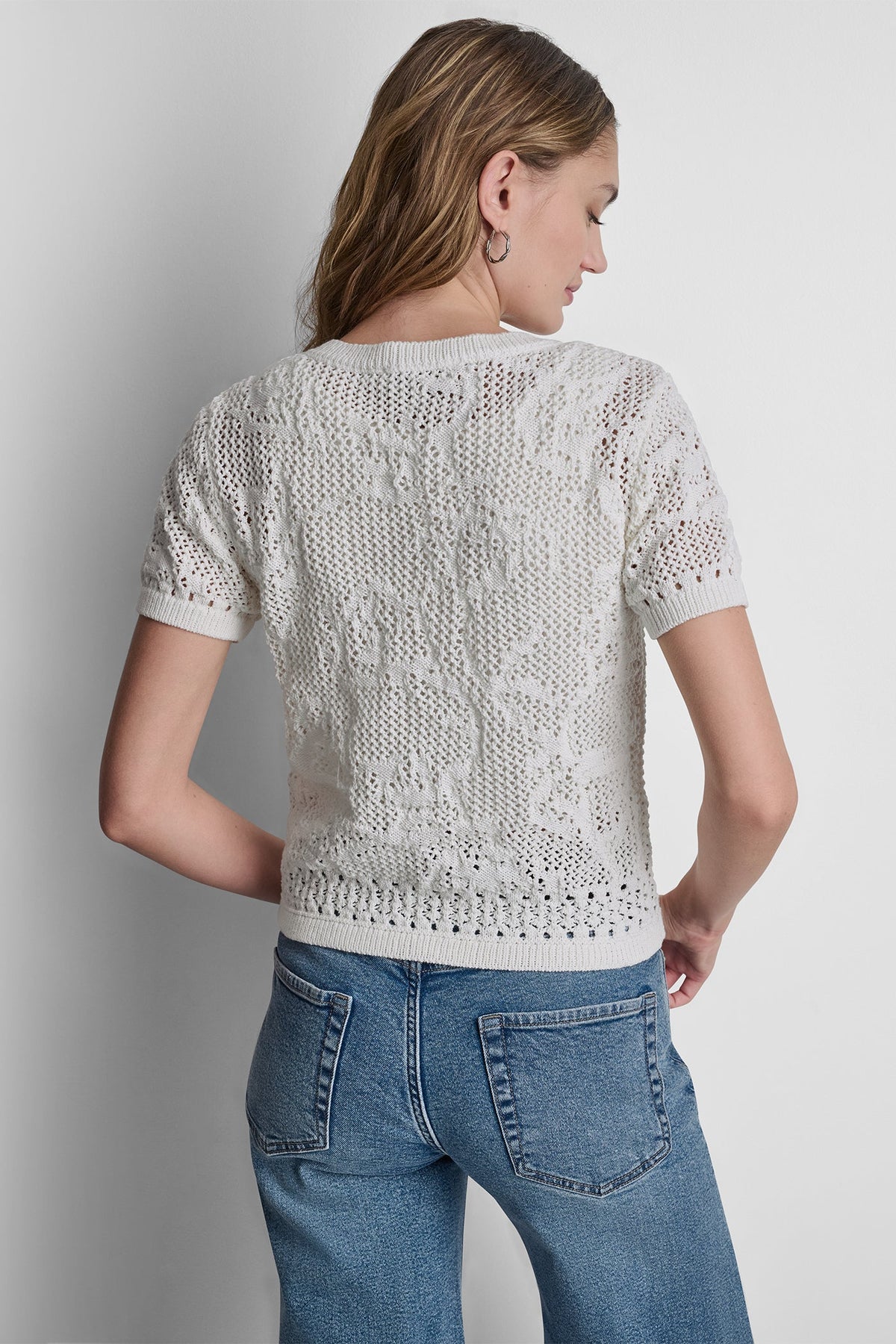 LACE STITCH BUTTON FRONT CARDIGAN Ivory | DKNY